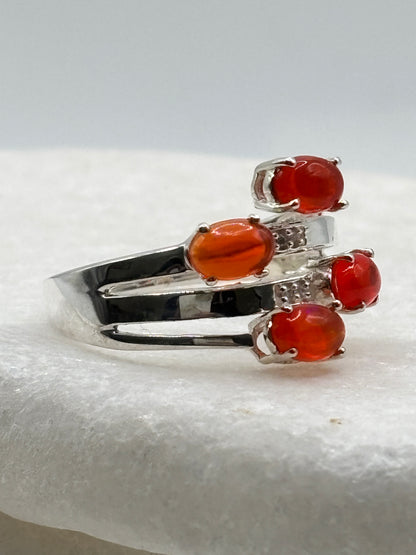925 Sterling Silver Four Stone Fire Opal and Diamond Ring - Size S