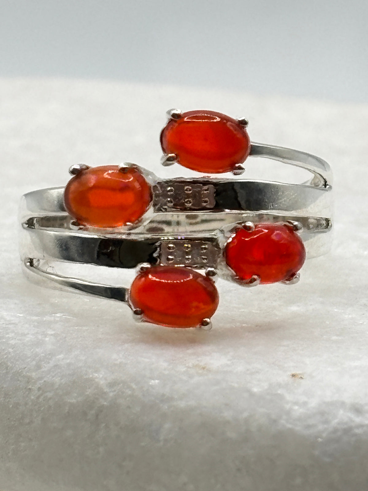 925 Sterling Silver Four Stone Fire Opal and Diamond Ring - Size S