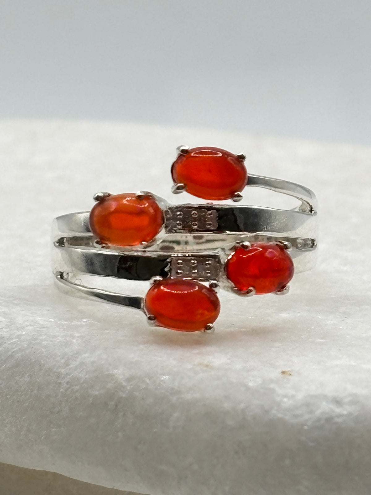 925 Sterling Silver Four Stone Fire Opal and Diamond Ring - Size S