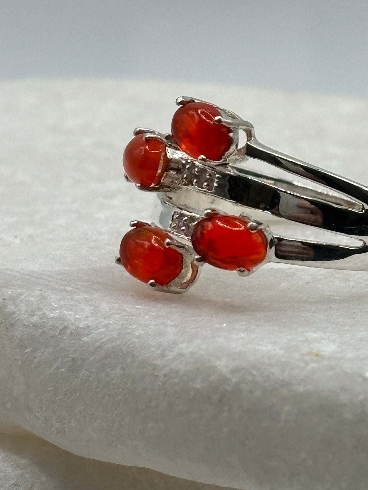 925 Sterling Silver Four Stone Fire Opal and Diamond Ring - Size S
