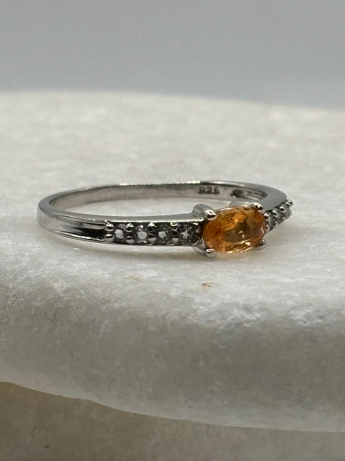 925 Sterling Silver Orange Sapphire & White Zircon Band Ring - Size S