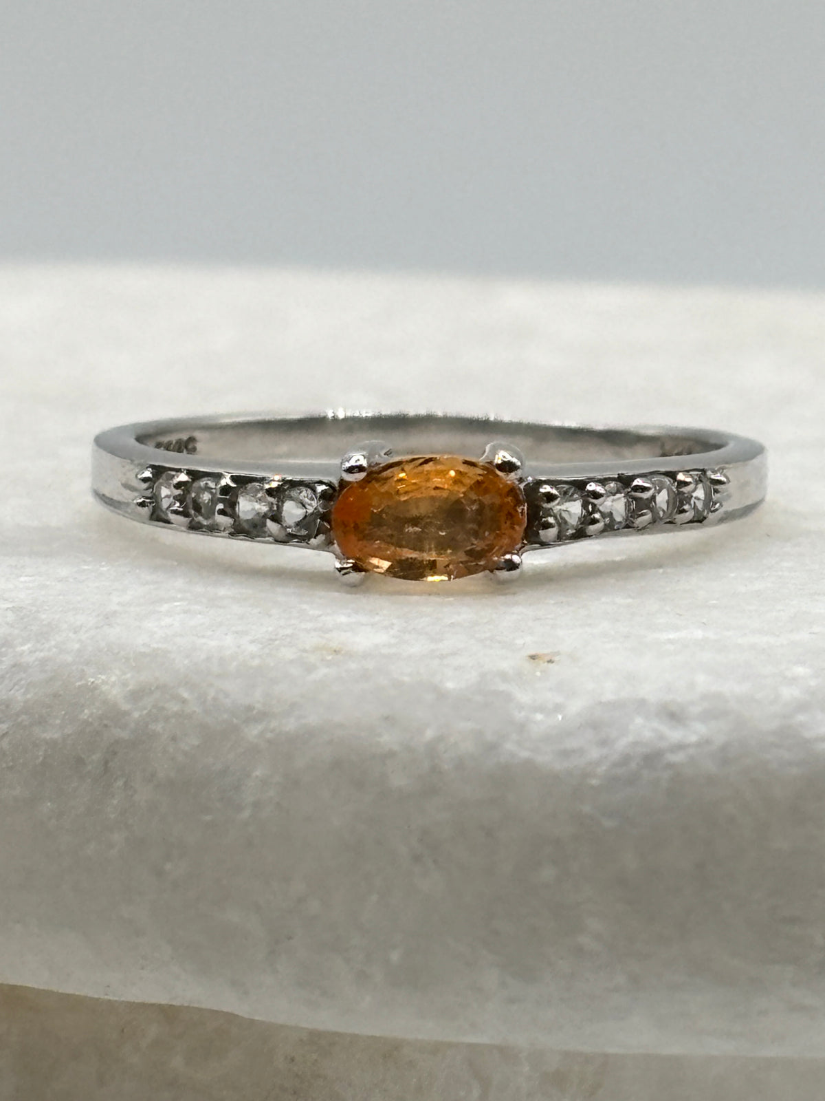 925 Sterling Silver Orange Sapphire & White Zircon Band Ring - Size S