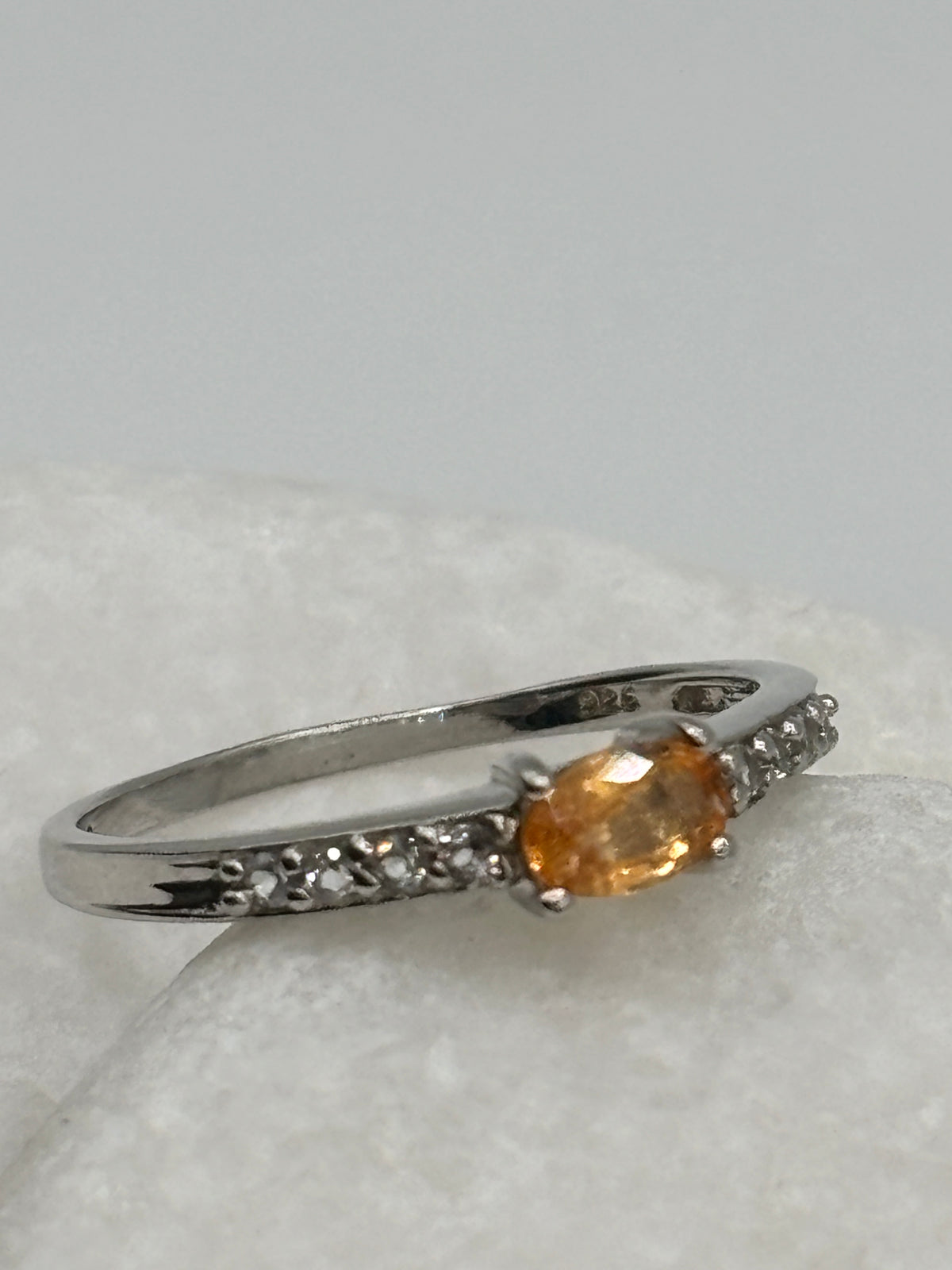 925 Sterling Silver Orange Sapphire & White Zircon Band Ring - Size S