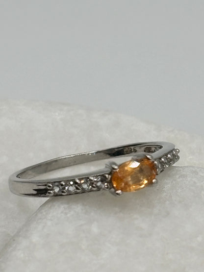 925 Sterling Silver Orange Sapphire & White Zircon Band Ring - Size S