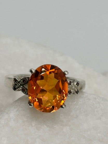 925 Sterling Silver Padparadscha Quartz & Diamond Statement Ring - Size O