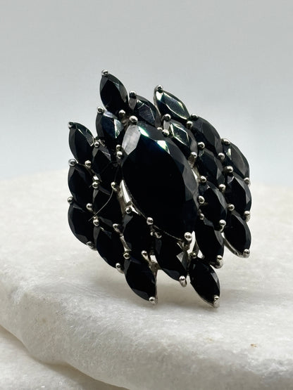925 Sterling Silver Black Spinel Large Statement Cluster Ring - Size Q.5