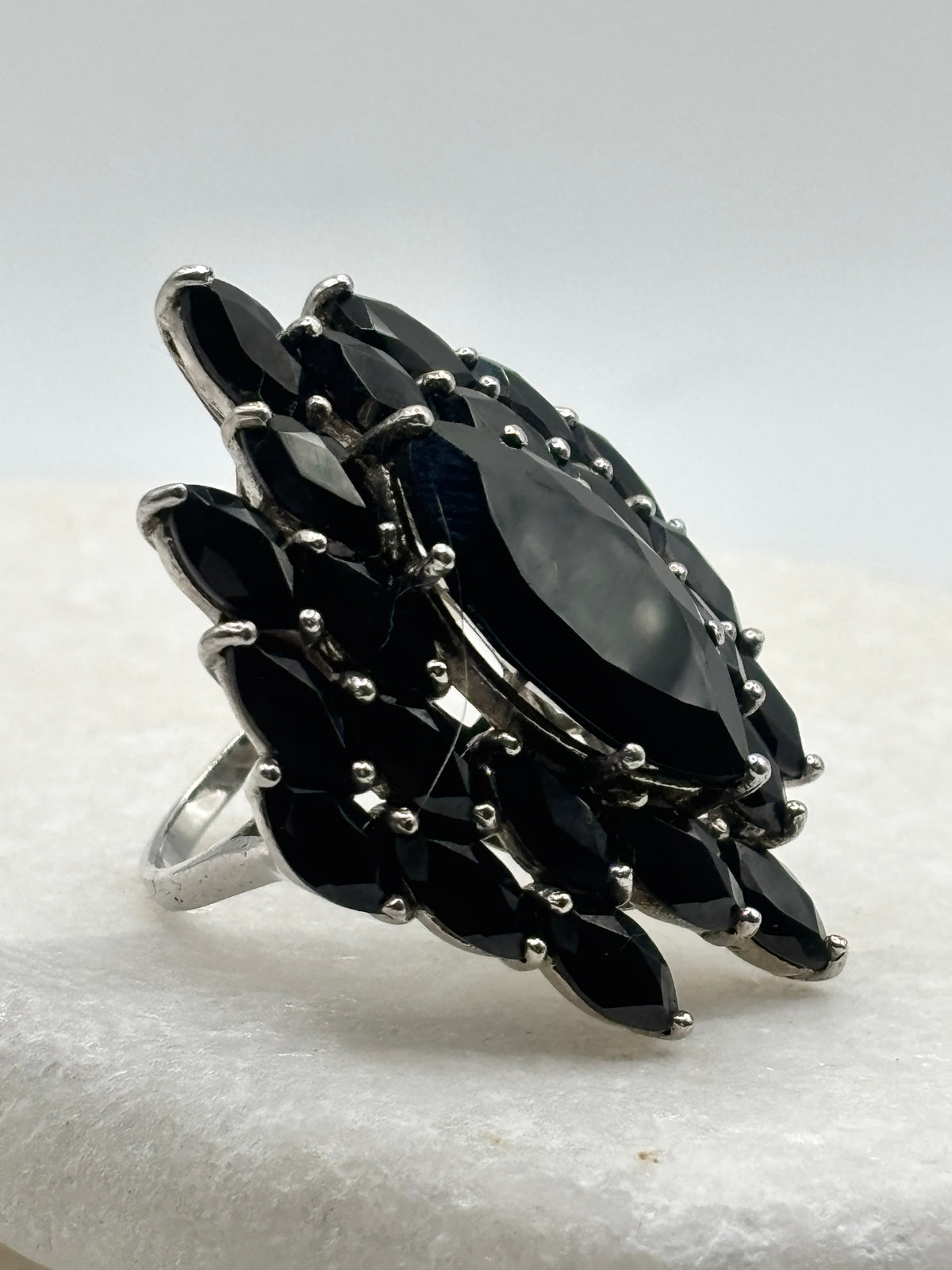 925 Sterling Silver Black Spinel Large Statement Cluster Ring - Size Q.5