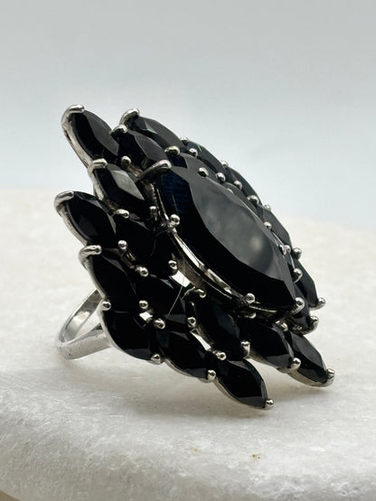 925 Sterling Silver Black Spinel Large Statement Cluster Ring - Size Q.5