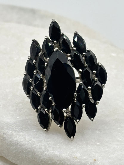 925 Sterling Silver Black Spinel Large Statement Cluster Ring - Size Q.5