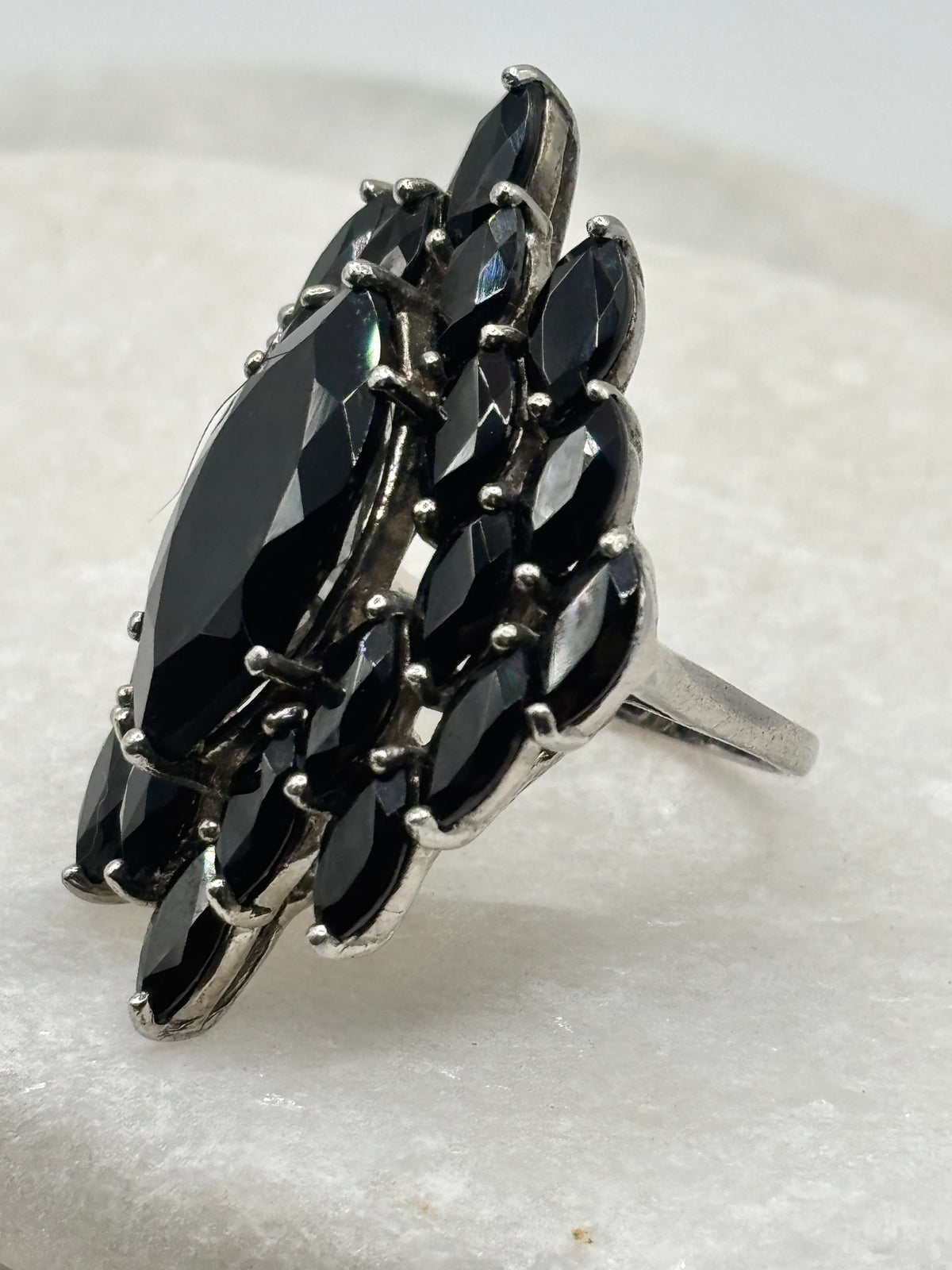925 Sterling Silver Black Spinel Large Statement Cluster Ring - Size Q.5