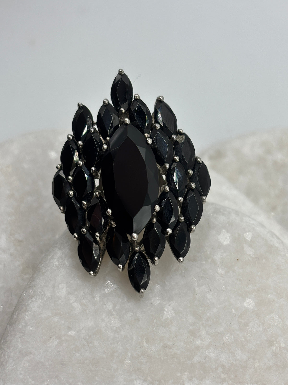 925 Sterling Silver Black Spinel Large Statement Cluster Ring - Size Q.5