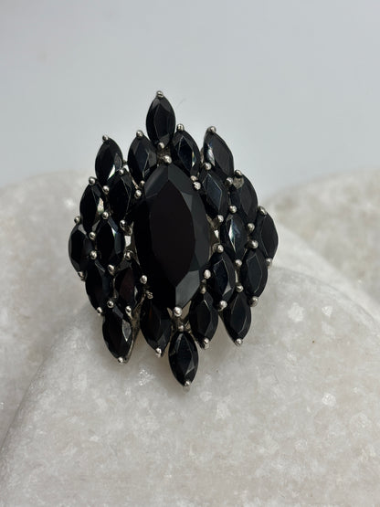 925 Sterling Silver Black Spinel Large Statement Cluster Ring - Size Q.5