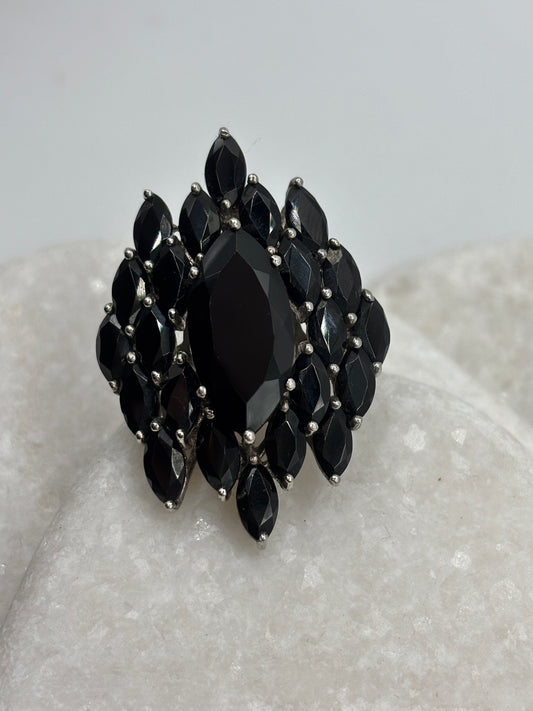 925 Sterling Silver Black Spinel Large Statement Cluster Ring - Size Q.5