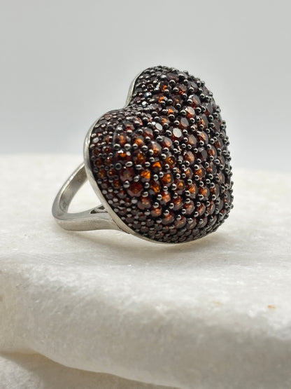 925 Sterling Silver Garnet Cluster Heart Ring - Size M