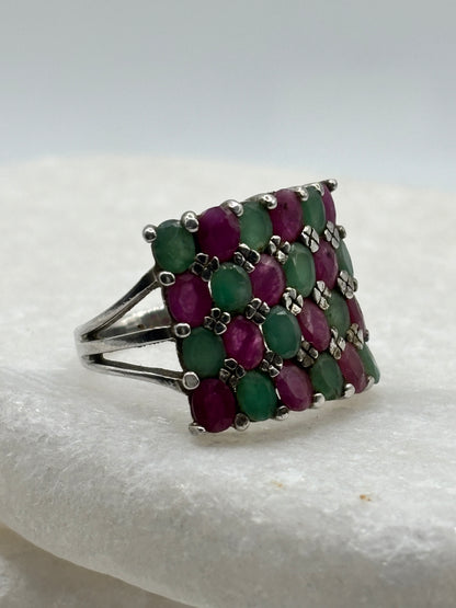 925 Sterling Silver Square Ruby and Emerald Statement Ring - Size N.5