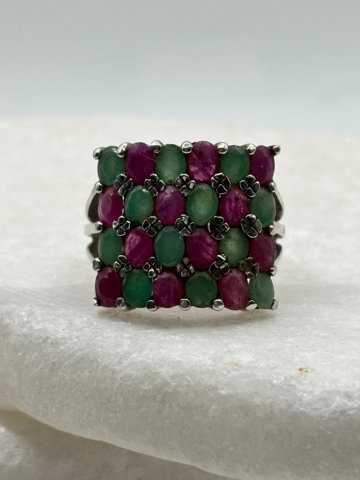 925 Sterling Silver Square Ruby and Emerald Statement Ring - Size N.5