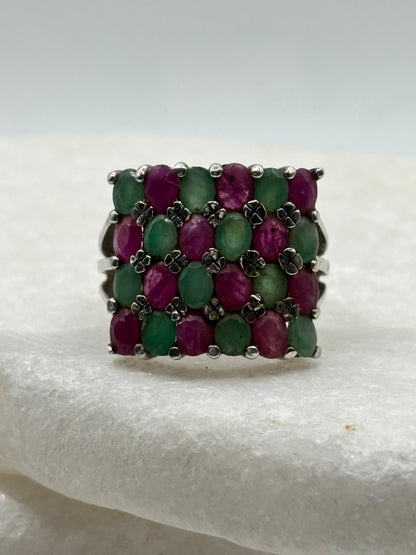 925 Sterling Silver Square Ruby and Emerald Statement Ring - Size N.5