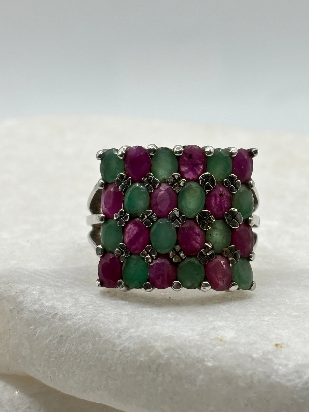 925 Sterling Silver Square Ruby and Emerald Statement Ring - Size N.5