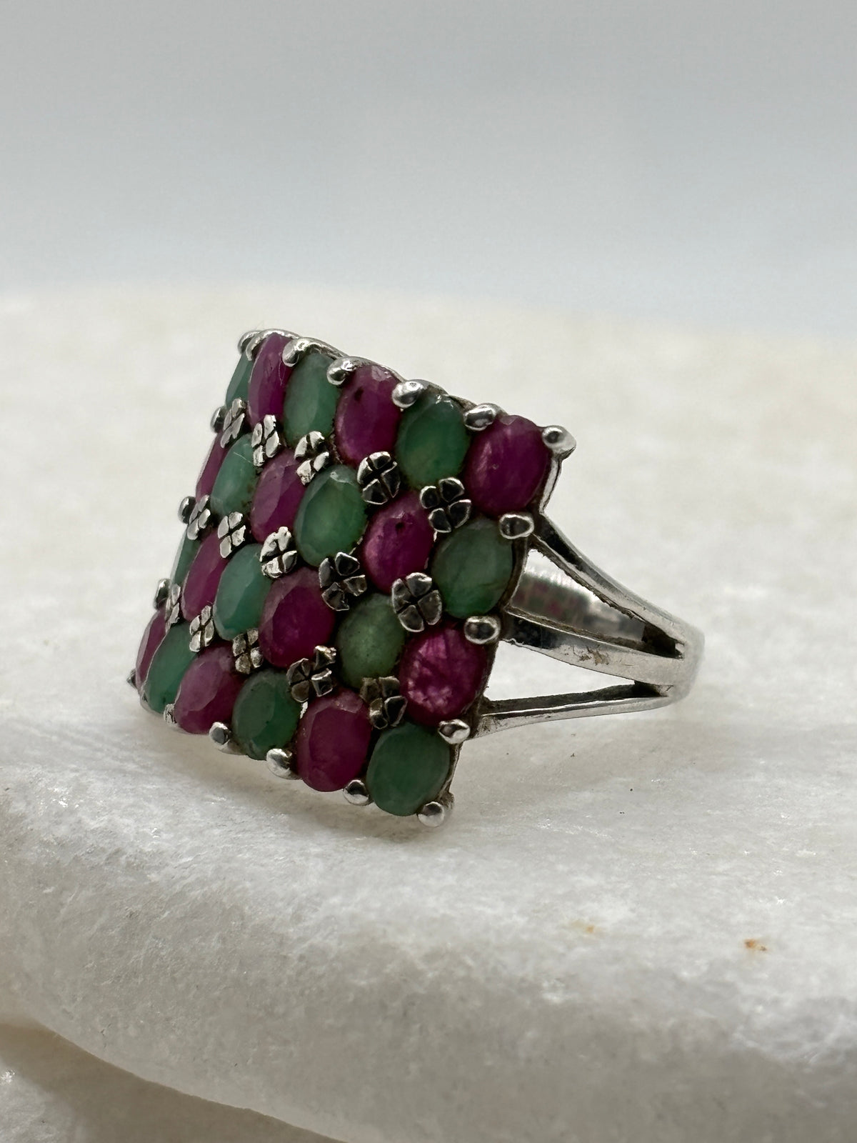 925 Sterling Silver Square Ruby and Emerald Statement Ring - Size N.5
