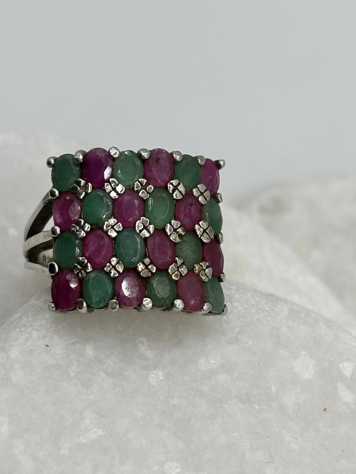925 Sterling Silver Square Ruby and Emerald Statement Ring - Size N.5