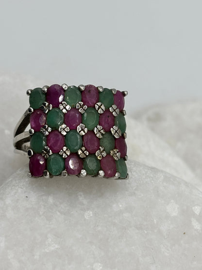 925 Sterling Silver Square Ruby and Emerald Statement Ring - Size N.5