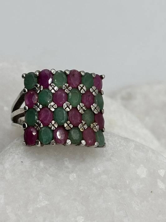 925 Sterling Silver Square Ruby and Emerald Statement Ring - Size N.5