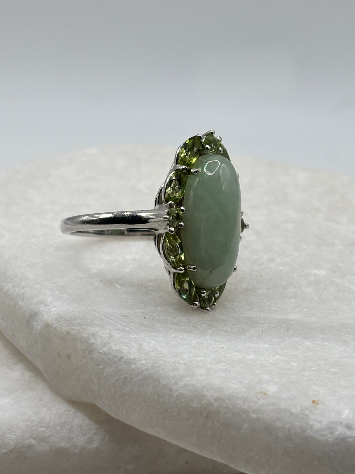 Vintage Peridot and Jade Halo Ring - Size P.5