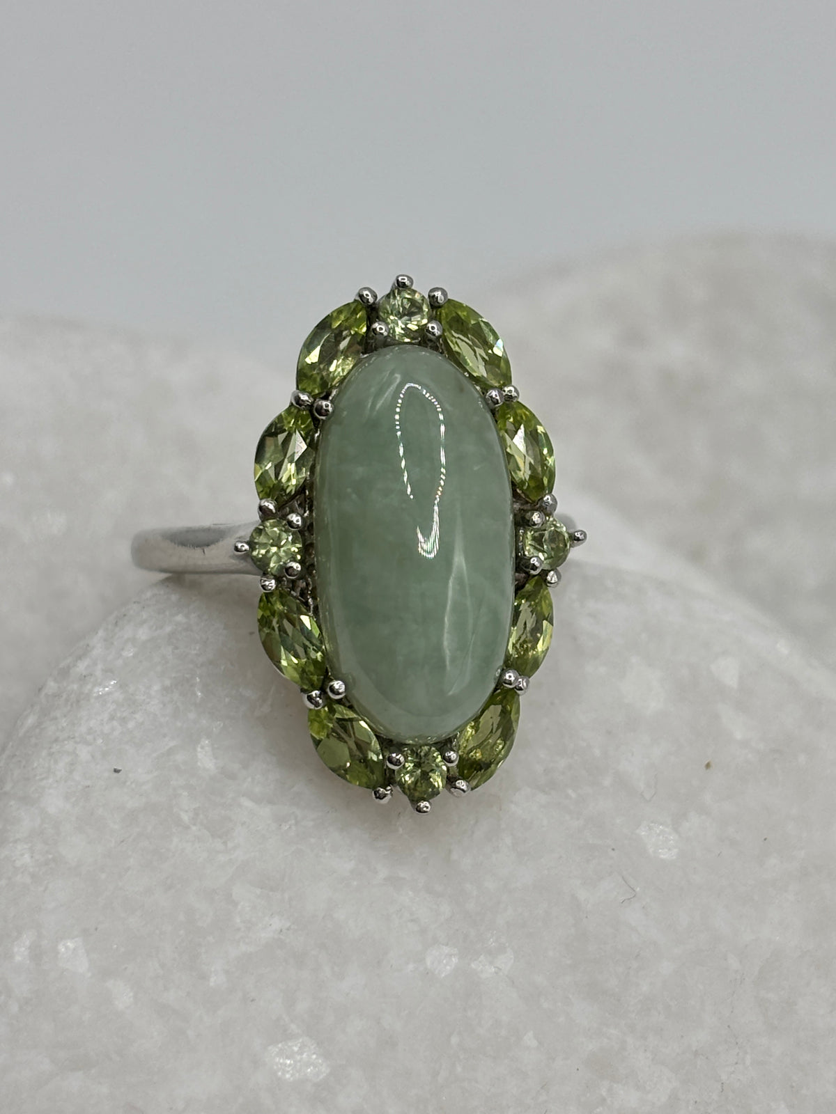 Vintage Peridot and Jade Halo Ring - Size P.5