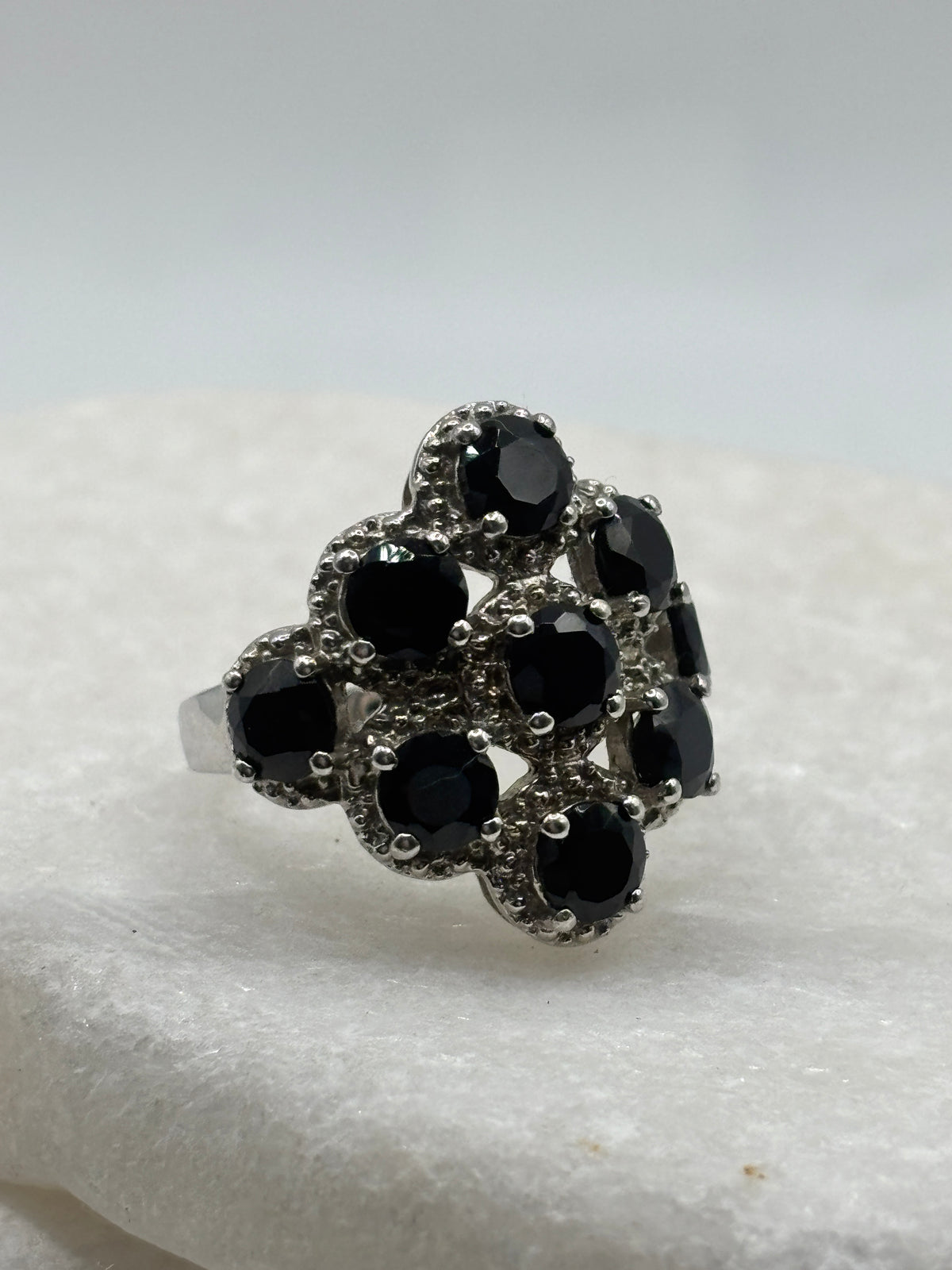 925 Sterling Silver Black Spinel Cluster Ring - Size N