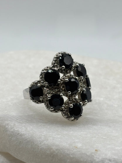 925 Sterling Silver Black Spinel Cluster Ring - Size N