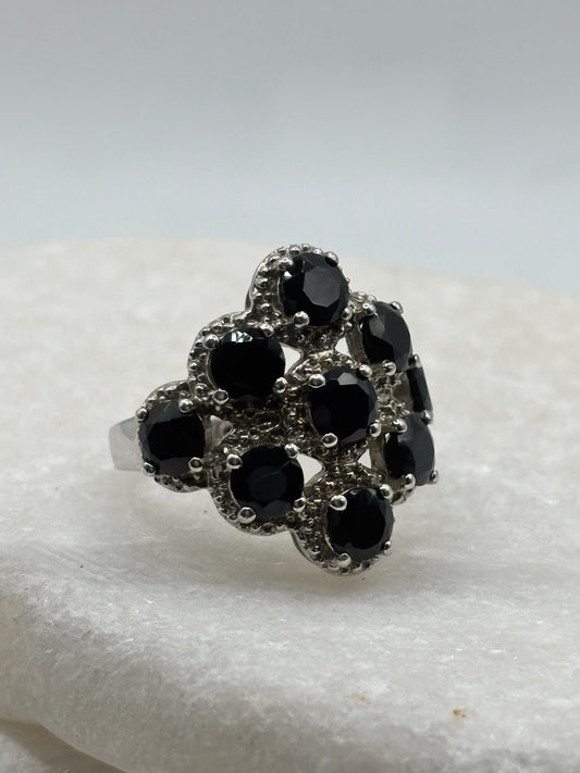 925 Sterling Silver Black Spinel Cluster Ring - Size N
