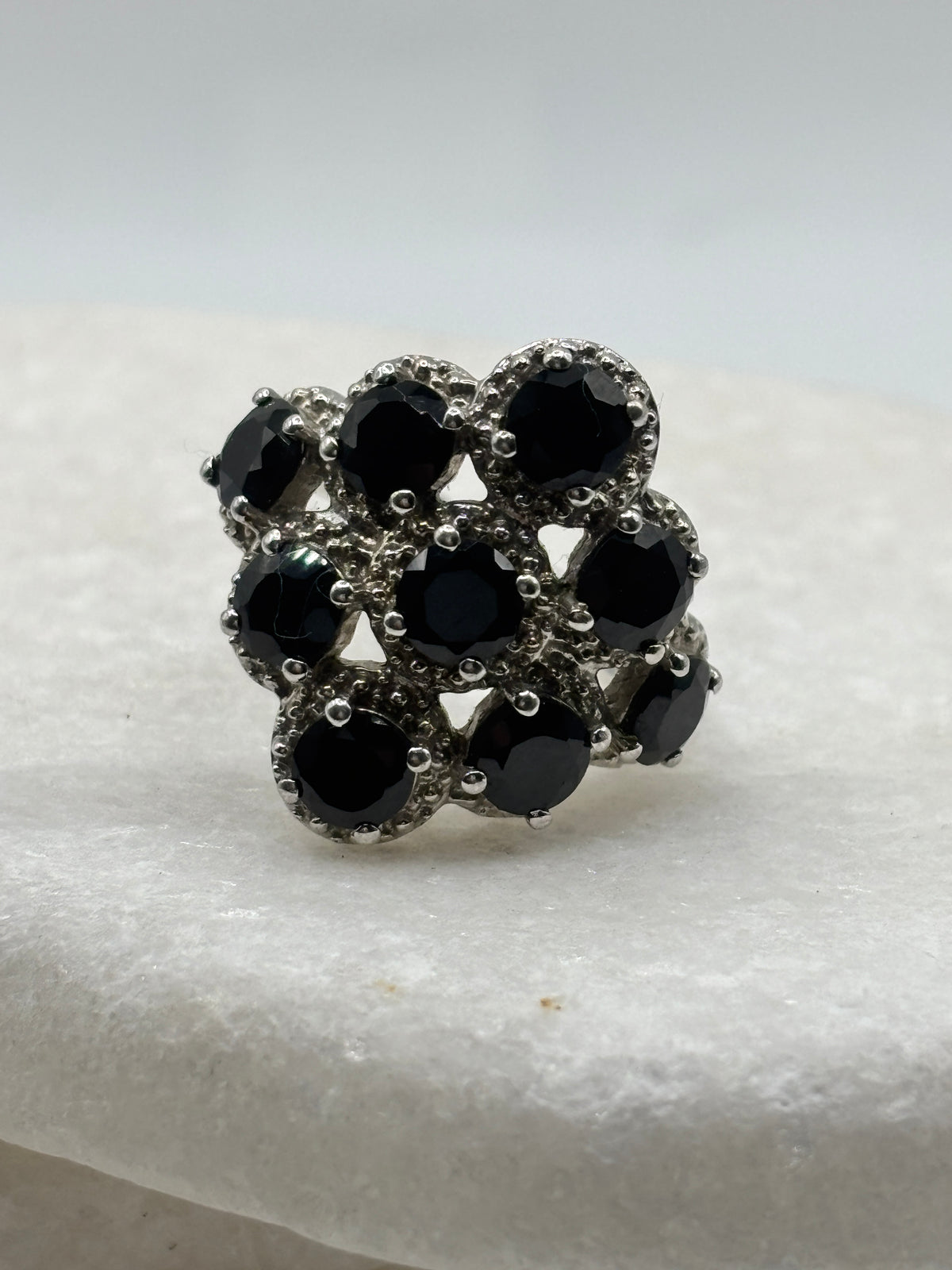 925 Sterling Silver Black Spinel Cluster Ring - Size N