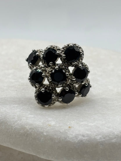 925 Sterling Silver Black Spinel Cluster Ring - Size N
