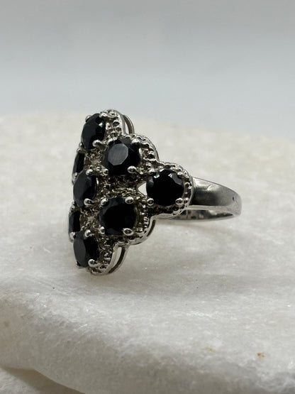 925 Sterling Silver Black Spinel Cluster Ring - Size N