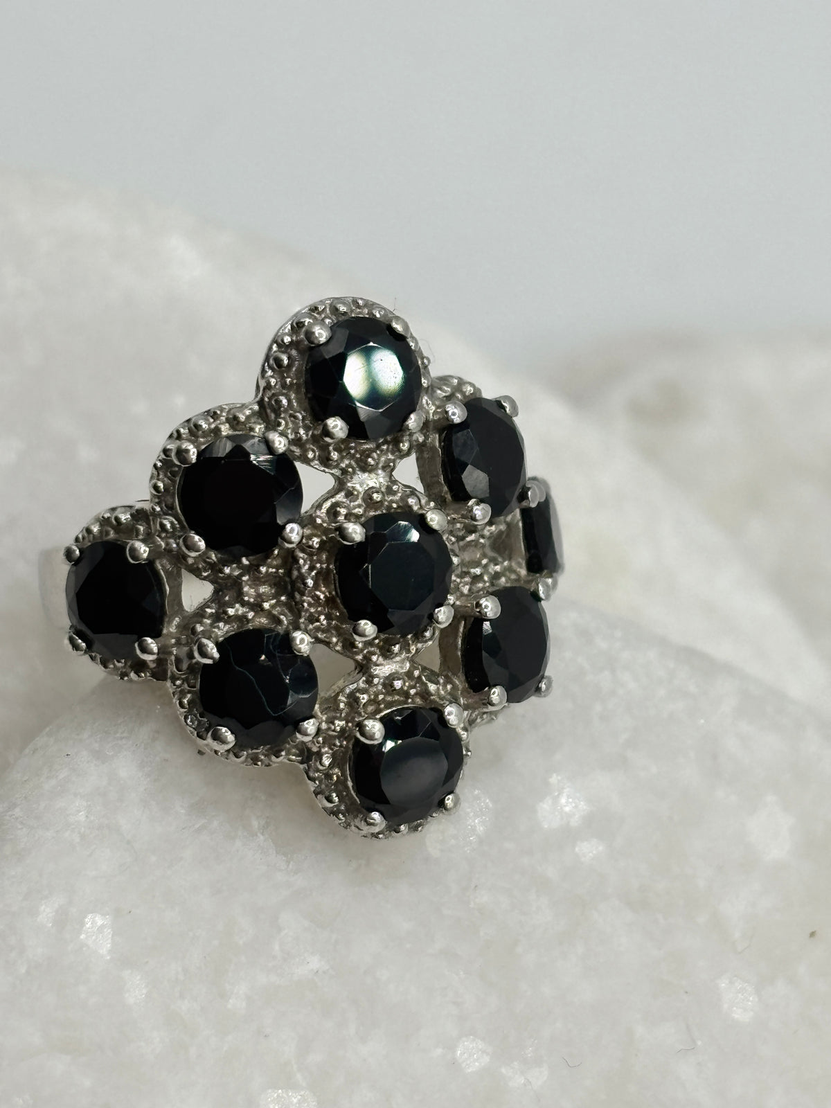 925 Sterling Silver Black Spinel Cluster Ring - Size N