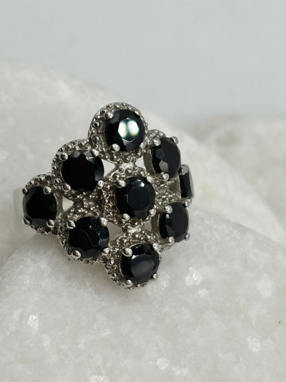 925 Sterling Silver Black Spinel Cluster Ring - Size N
