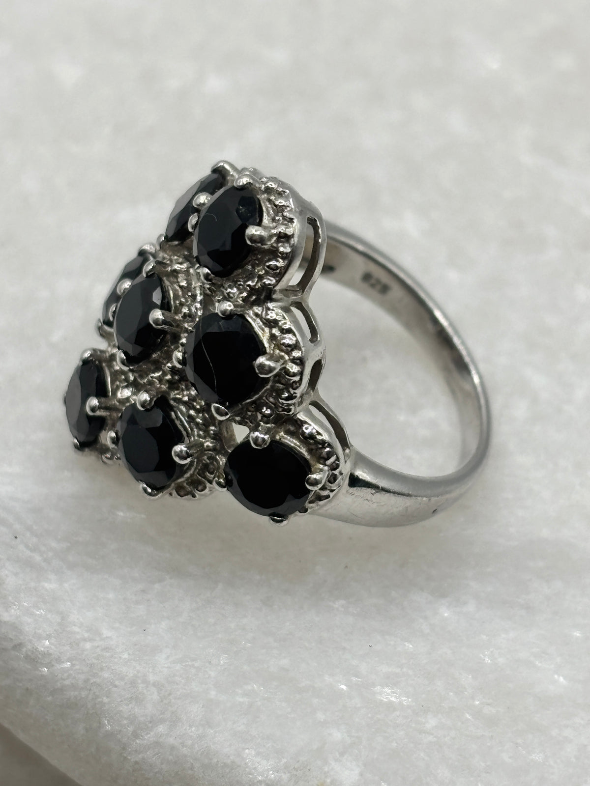 925 Sterling Silver Black Spinel Cluster Ring - Size N