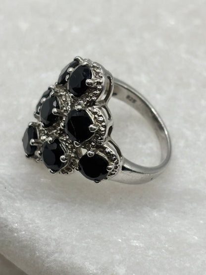 925 Sterling Silver Black Spinel Cluster Ring - Size N