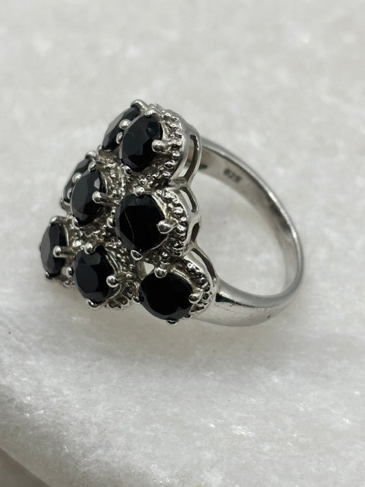925 Sterling Silver Black Spinel Cluster Ring - Size N
