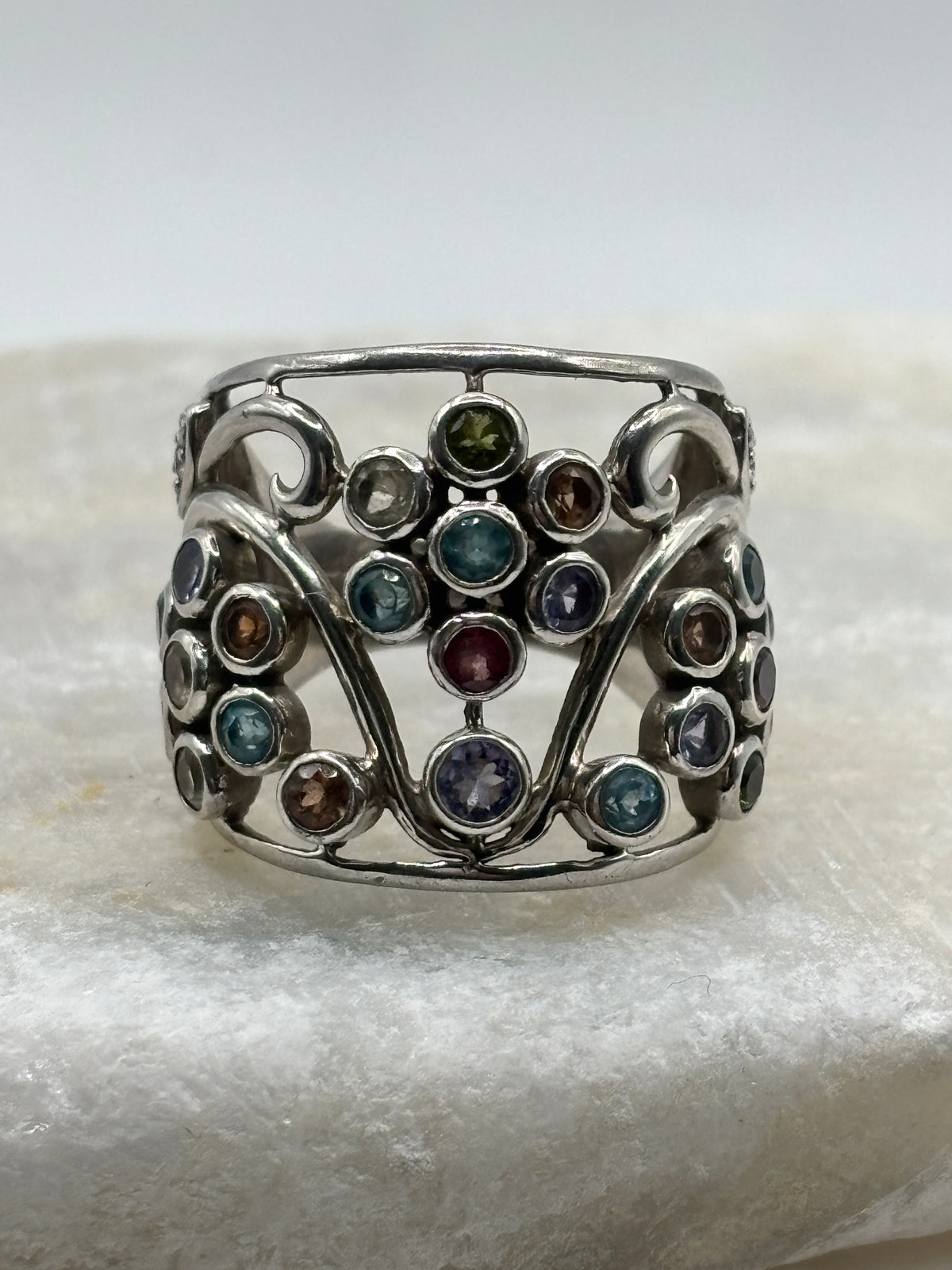 925 Sterling Silver Gem Set Bubble Ring with Peridot, Tanzanite, Aquamarine, Morganite and Diamond - Size O