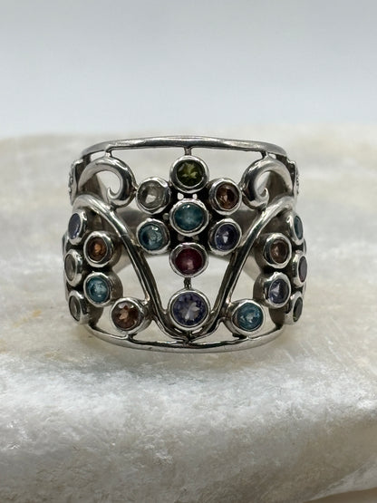 925 Sterling Silver Gem Set Bubble Ring with Peridot, Tanzanite, Aquamarine, Morganite and Diamond - Size O