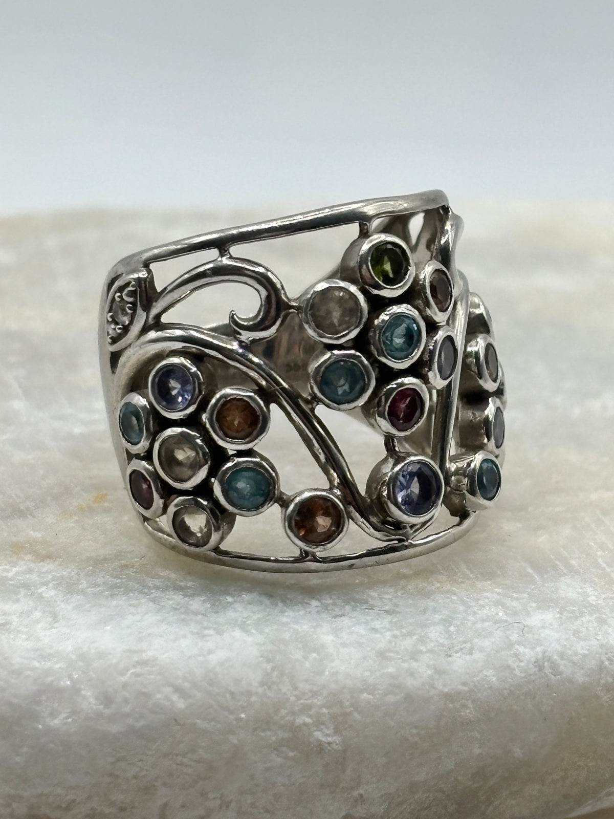 925 Sterling Silver Gem Set Bubble Ring with Peridot, Tanzanite, Aquamarine, Morganite and Diamond - Size O