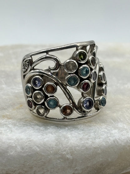 925 Sterling Silver Gem Set Bubble Ring with Peridot, Tanzanite, Aquamarine, Morganite and Diamond - Size O