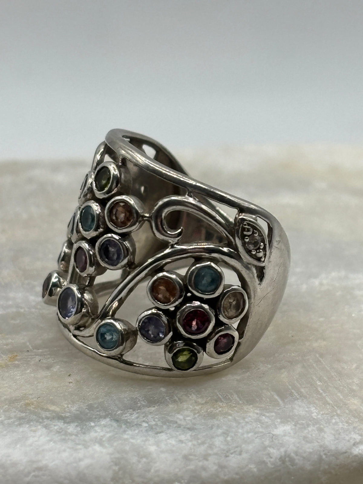 925 Sterling Silver Gem Set Bubble Ring with Peridot, Tanzanite, Aquamarine, Morganite and Diamond - Size O