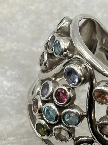 925 Sterling Silver Gem Set Bubble Ring with Peridot, Tanzanite, Aquamarine, Morganite and Diamond - Size O