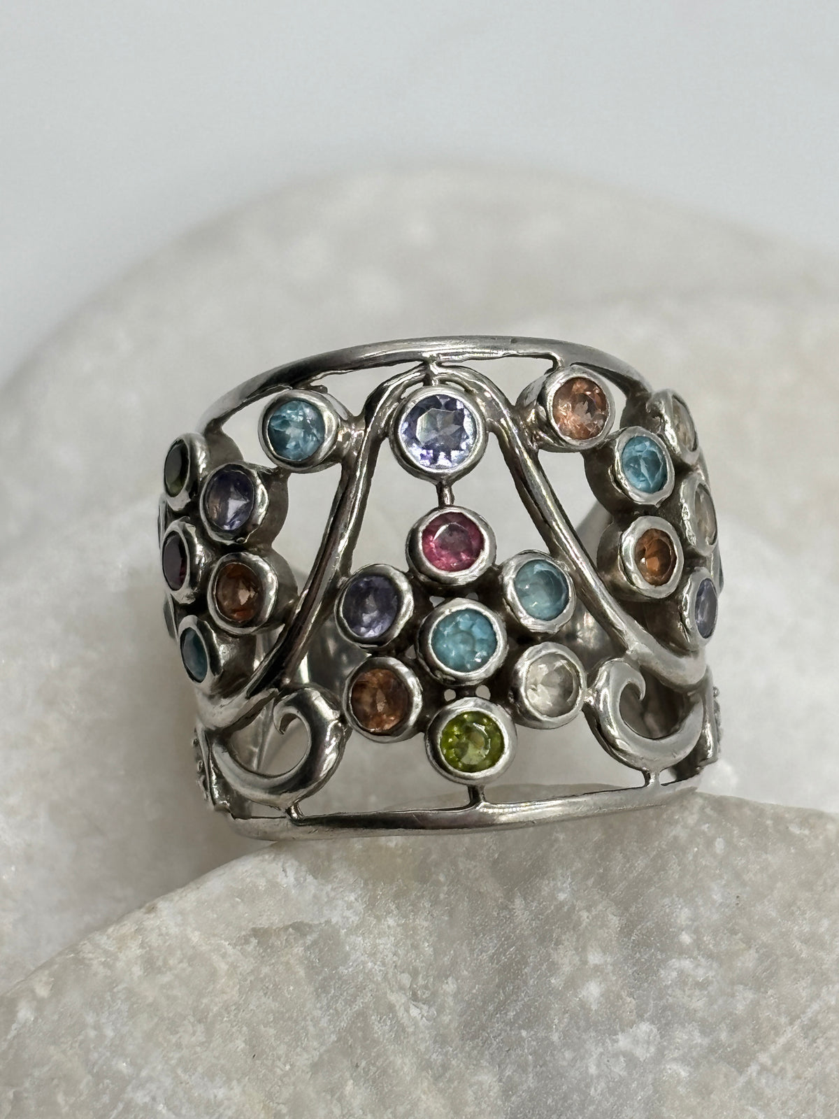 925 Sterling Silver Gem Set Bubble Ring with Peridot, Tanzanite, Aquamarine, Morganite and Diamond - Size O