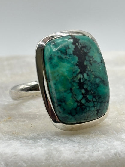 Vintage 925 Sterling Silver Turquoise Cabochon Oblong Ring - Size N