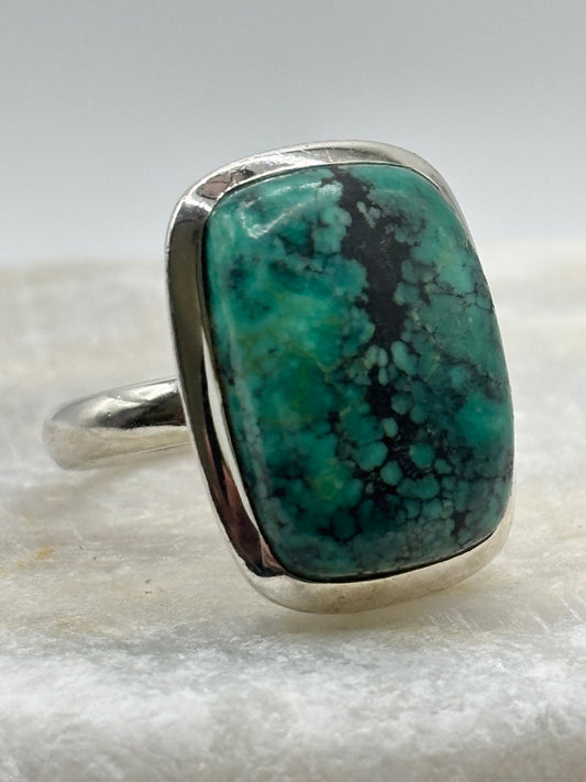 Vintage 925 Sterling Silver Turquoise Cabochon Oblong Ring - Size N