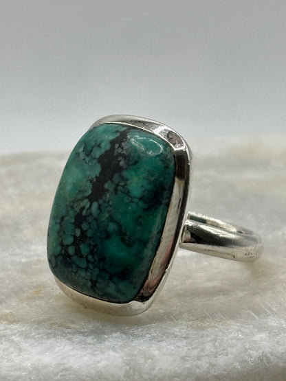 Vintage 925 Sterling Silver Turquoise Cabochon Oblong Ring - Size N