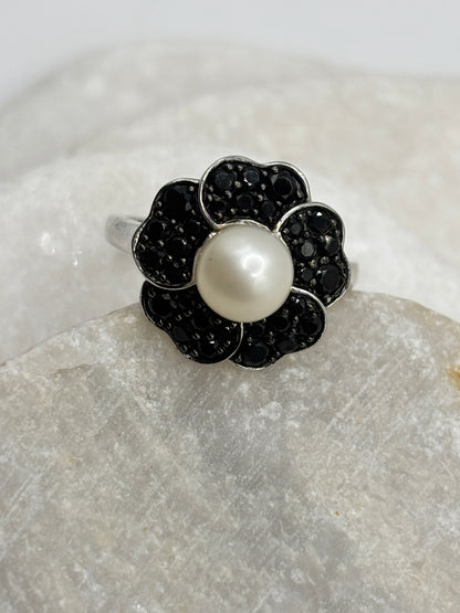 925 Sterling Silver Black Spinel and Pearl Floral Ring - Size Q
